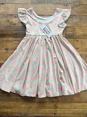 NWT Dot Dot Smile Flutter Sleeve Twirl Dress Queen Swan Pink Mint 3/4